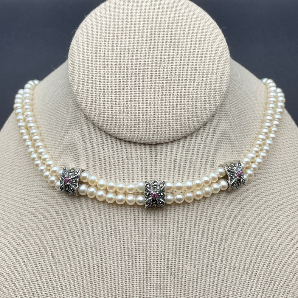 Adjustable Freshwater Pearl Choker Necklace Sterling Silver Marcasite Tourmaline